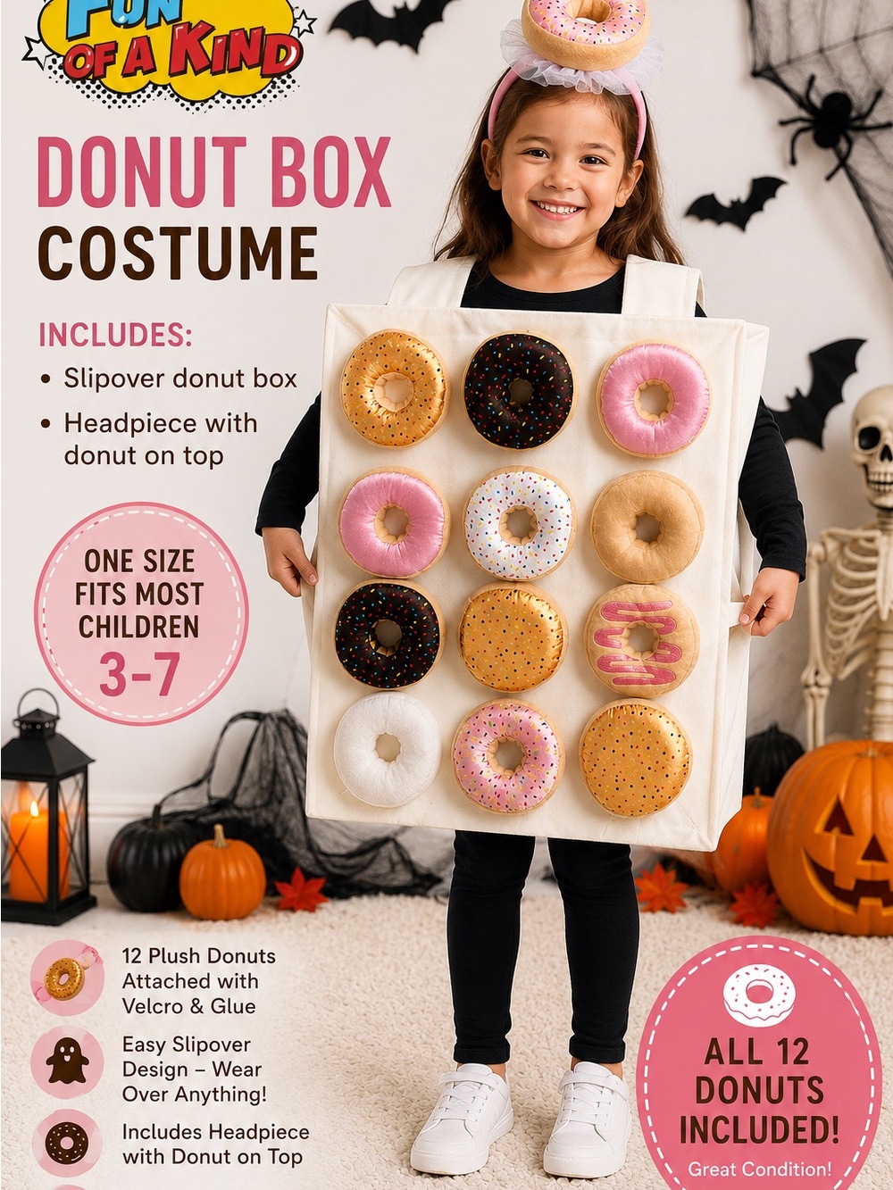 Kids Donut Box Costume with Cream & Pink Donuts